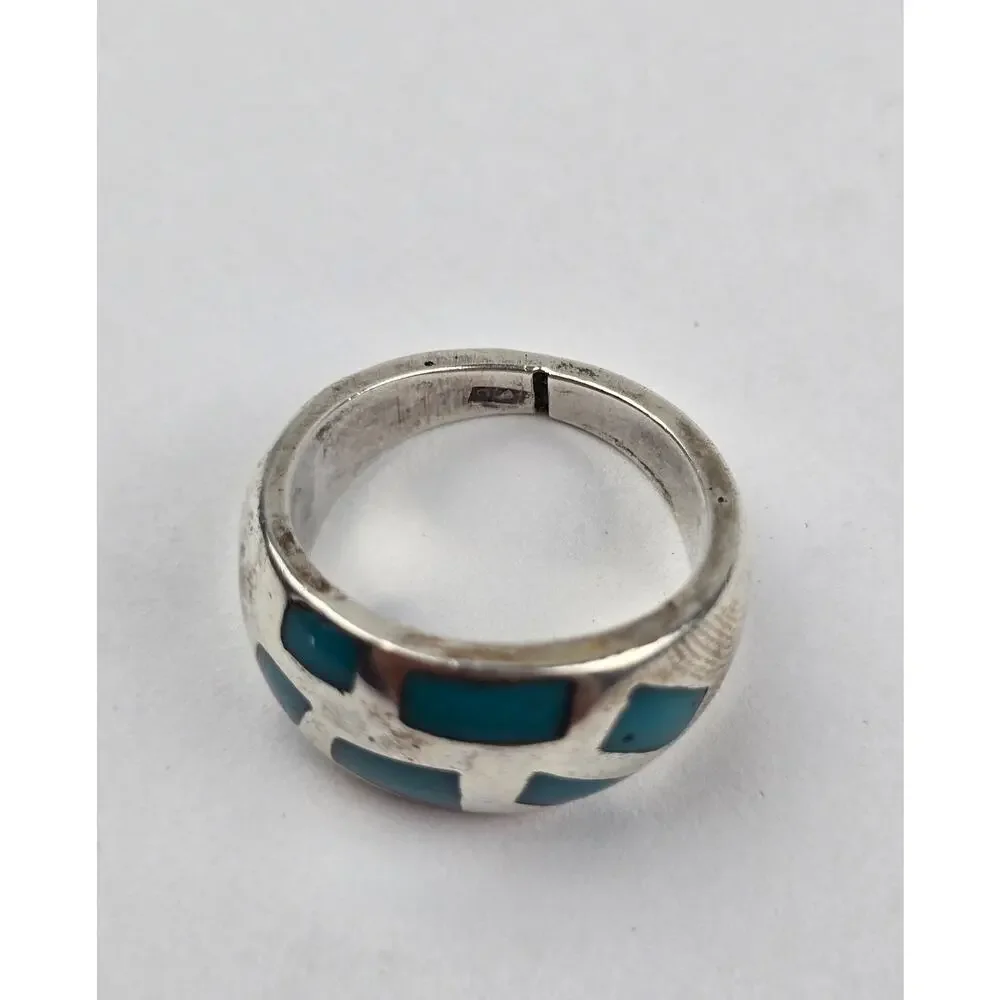 Vintage Sterling silver Band ring with Mosaic inlay Turquoise Size 7.25